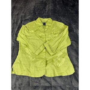 Carole Little Linen Blend Button Down Top Floral Embroidered Chartreuse‎ Small
